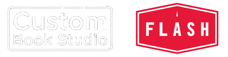 LogoMErge The Custom Book Studio Logo in White and the flash reproduction slogo in red