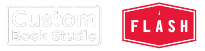 LogoMErge The Custom Book Studio Logo in White and the flash reproduction slogo in red